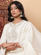 BohoJazz Sunehri Embroidered Kurta Pants with Dupatta - Ivory - Distacart
