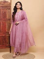 BohoJazz Nazm Embroidered Kurta Pants with Dupatta - Mauve - Distacart