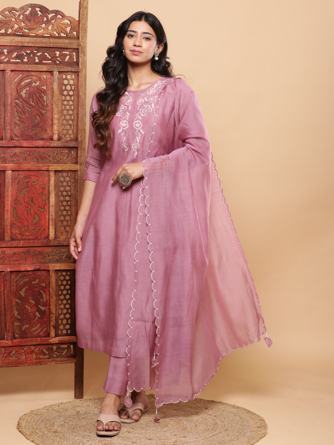 BohoJazz Nazm Embroidered Kurta Pants with Dupatta - Mauve - Distacart