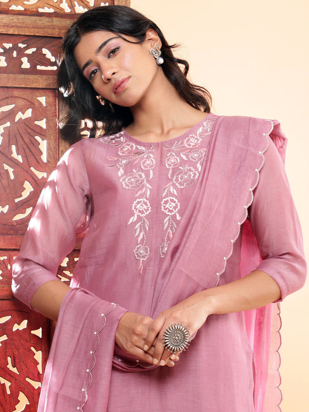 BohoJazz Nazm Embroidered Kurta Pants with Dupatta - Mauve - Distacart