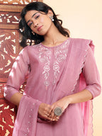 BohoJazz Nazm Embroidered Kurta Pants with Dupatta - Mauve - Distacart