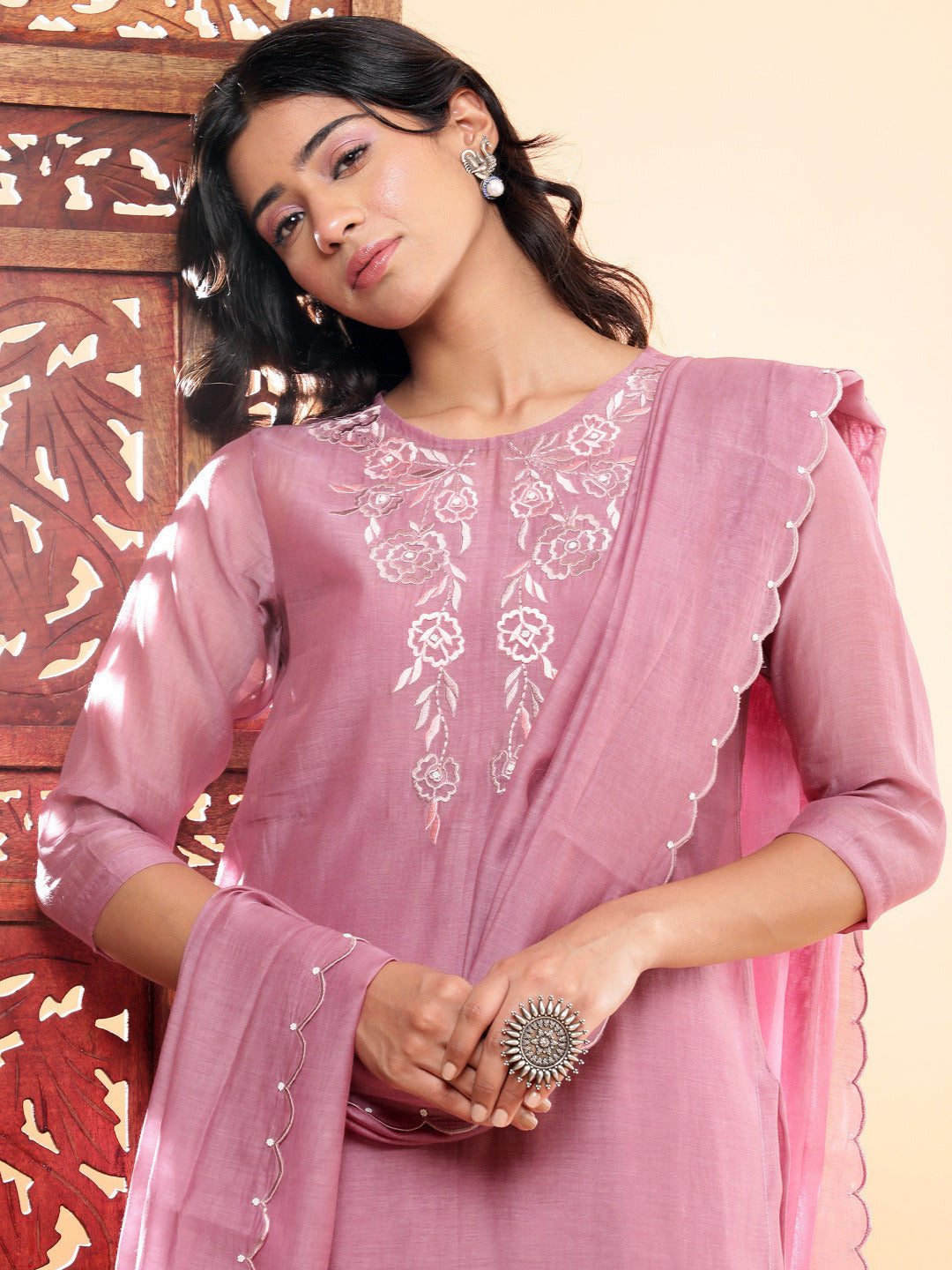 BohoJazz Nazm Embroidered Kurta Pants with Dupatta - Mauve - Distacart
