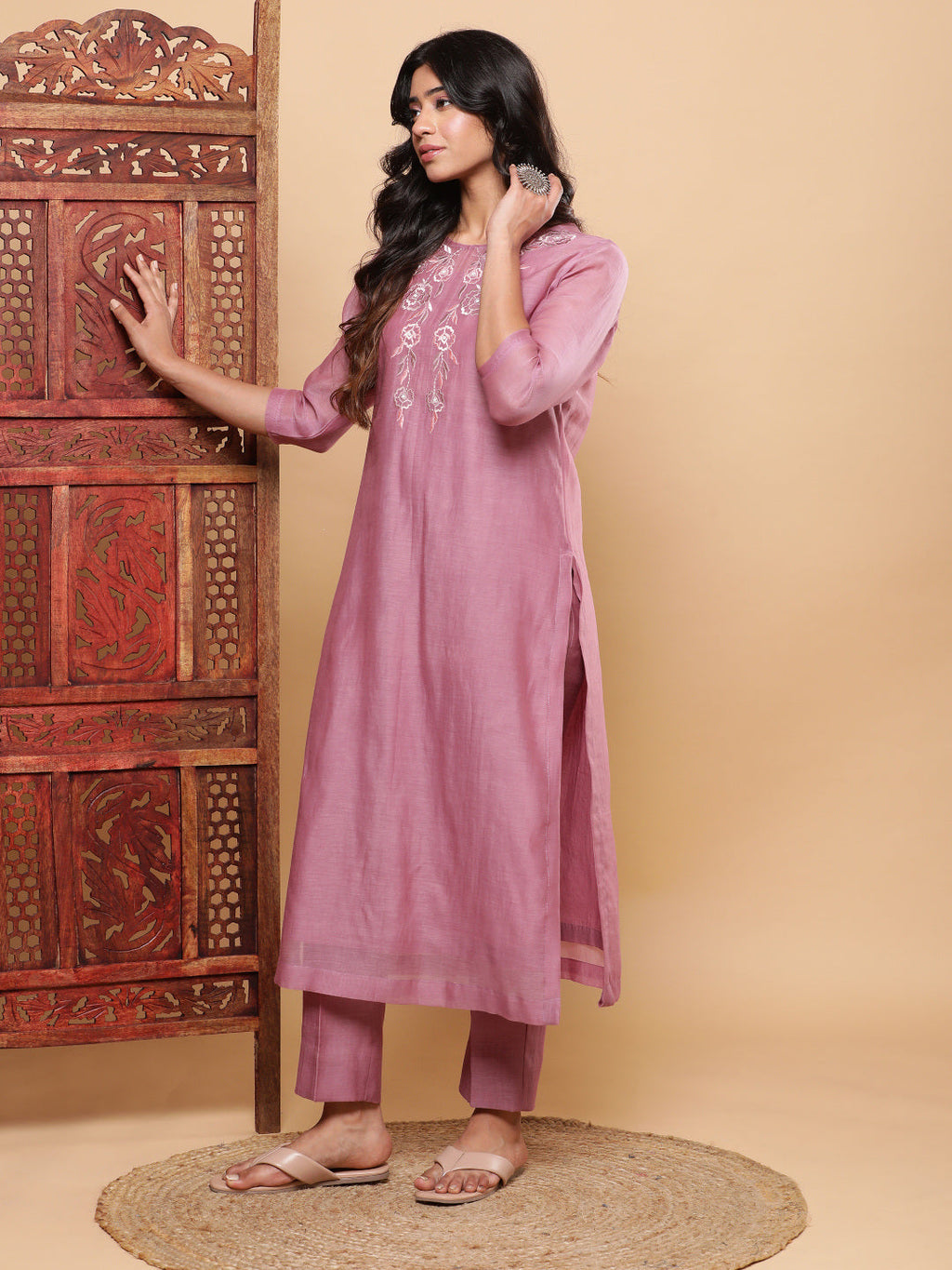 BohoJazz Nazm Embroidered Kurta Pants with Dupatta - Mauve - Distacart
