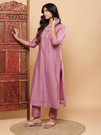 BohoJazz Nazm Embroidered Kurta Pants with Dupatta - Mauve - Distacart