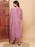 BohoJazz Nazm Embroidered Kurta Pants with Dupatta - Mauve - Distacart
