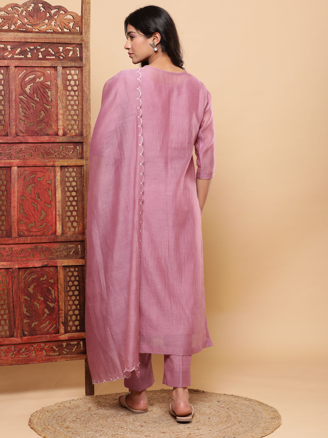 BohoJazz Nazm Embroidered Kurta Pants with Dupatta - Mauve - Distacart