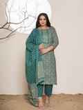 Yufta Teal Green Embroidered Cotton Plus Size Suit Set