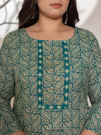 Yufta Teal Green Embroidered Cotton Plus Size Suit Set