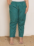 Yufta Teal Green Embroidered Cotton Plus Size Suit Set