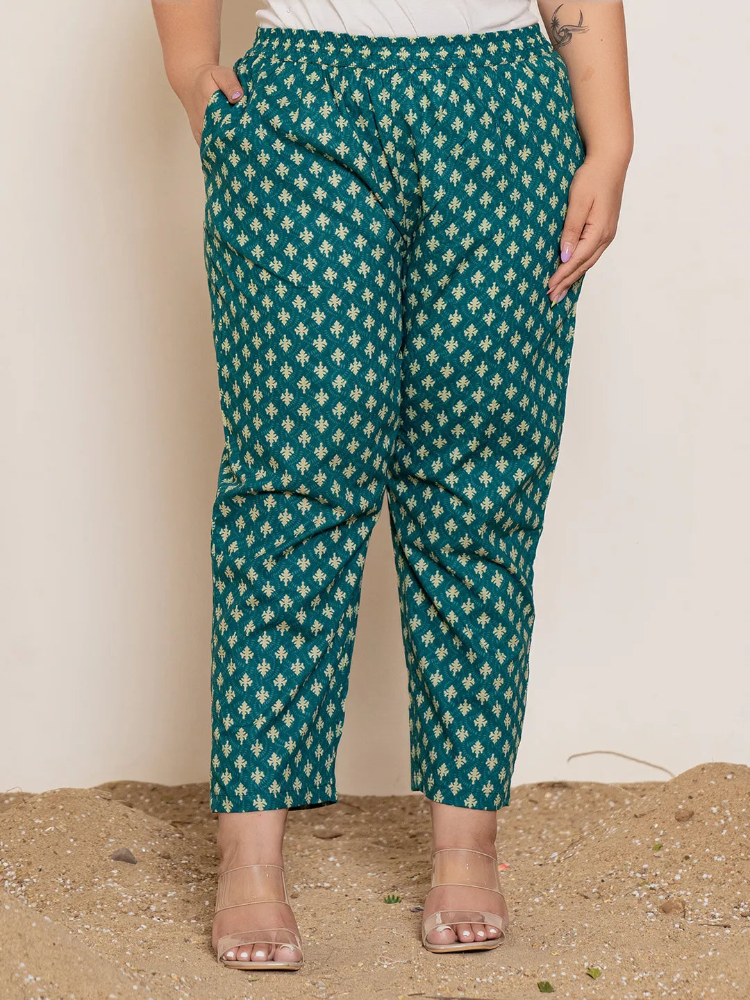 Yufta Teal Green Embroidered Cotton Plus Size Suit Set