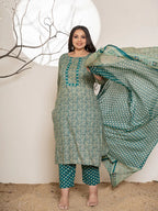 Yufta Teal Green Embroidered Cotton Plus Size Suit Set