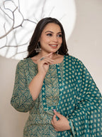 Yufta Teal Green Embroidered Cotton Plus Size Suit Set