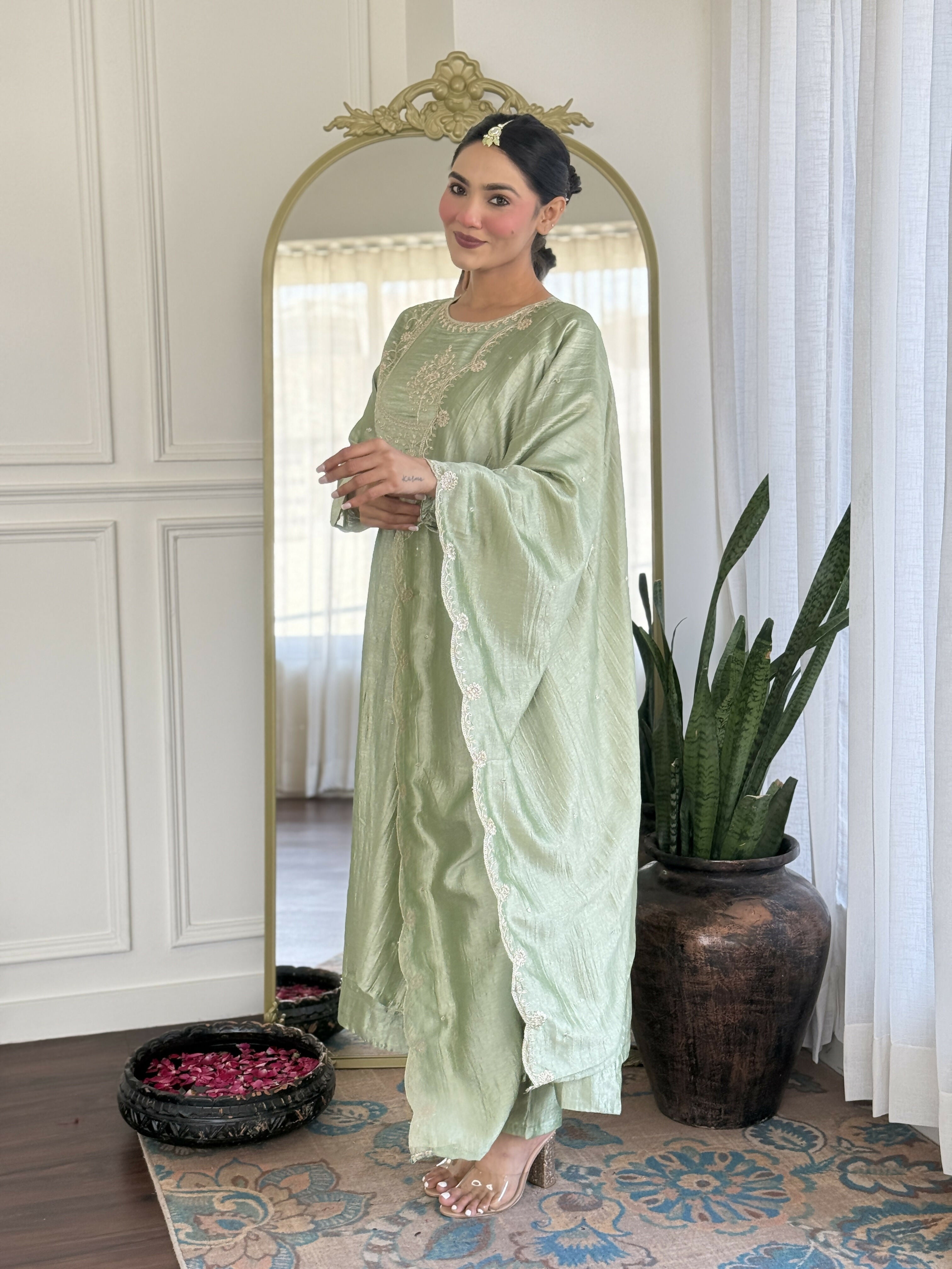 The52 Pista Women's Gorgeous Embroidered Vichitra Silk Fabric Flared Kurta Pant with Dupatta Set - Distacart