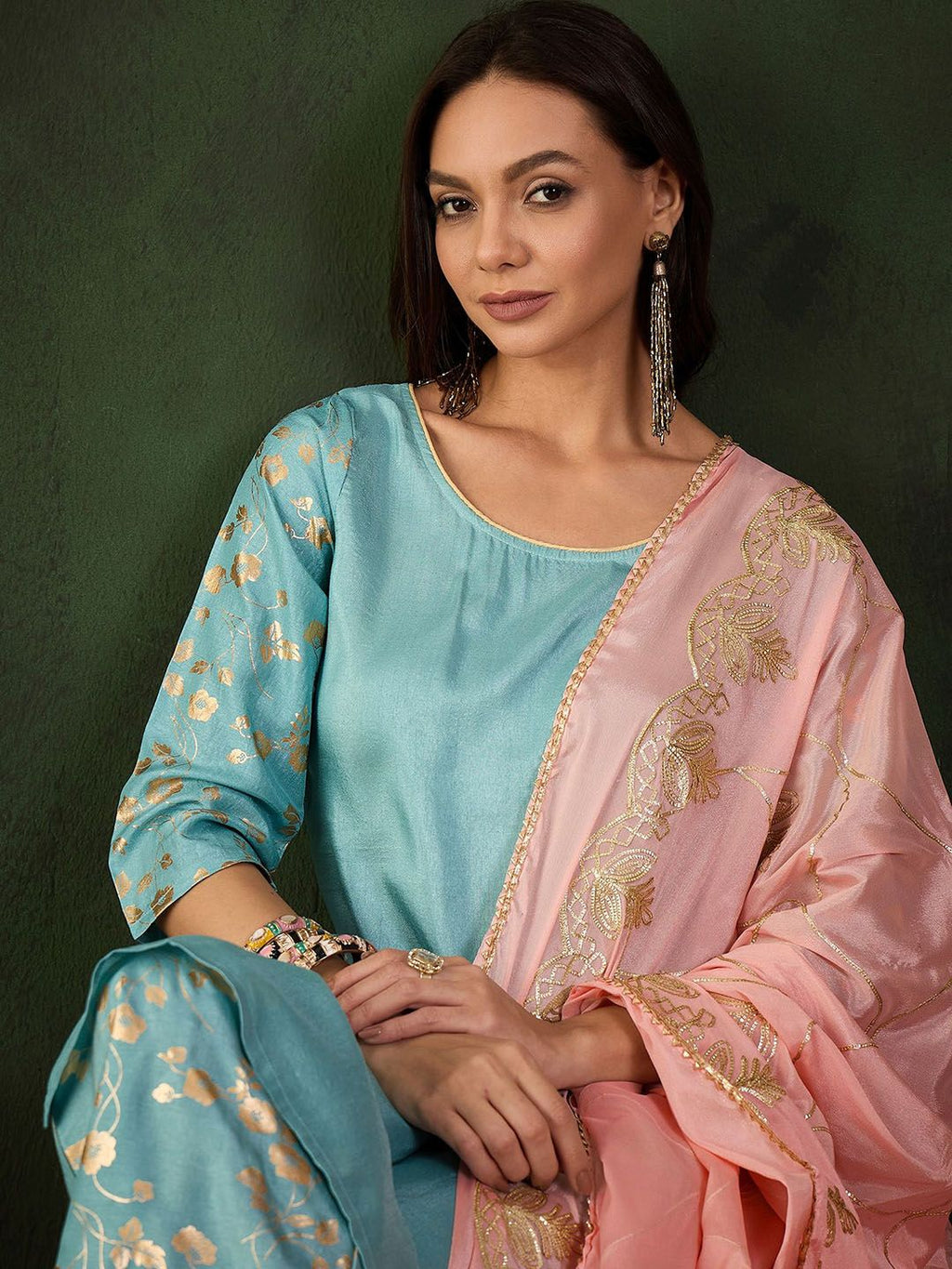 Sangria Woven Design Kurta & Palazzo With Dupatta