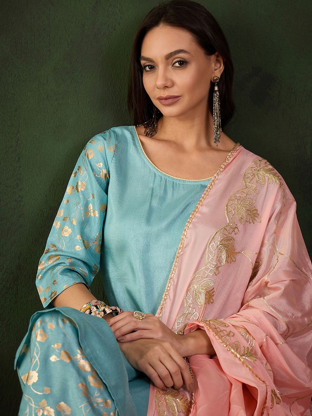 Sangria Woven Design Kurta & Palazzo With Dupatta