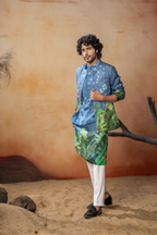 Tree Bark Classy Print Silk Nehrujacket Set by Hilo Design