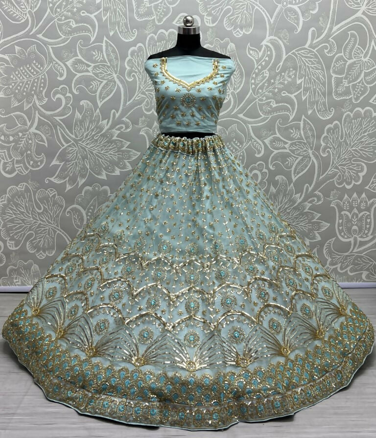 Jyoti Fashion Women's Sky Blue Bridal Net Fancy Sequins with Multi Thread Embroidered & Handwork Wedding Lehenga Choli