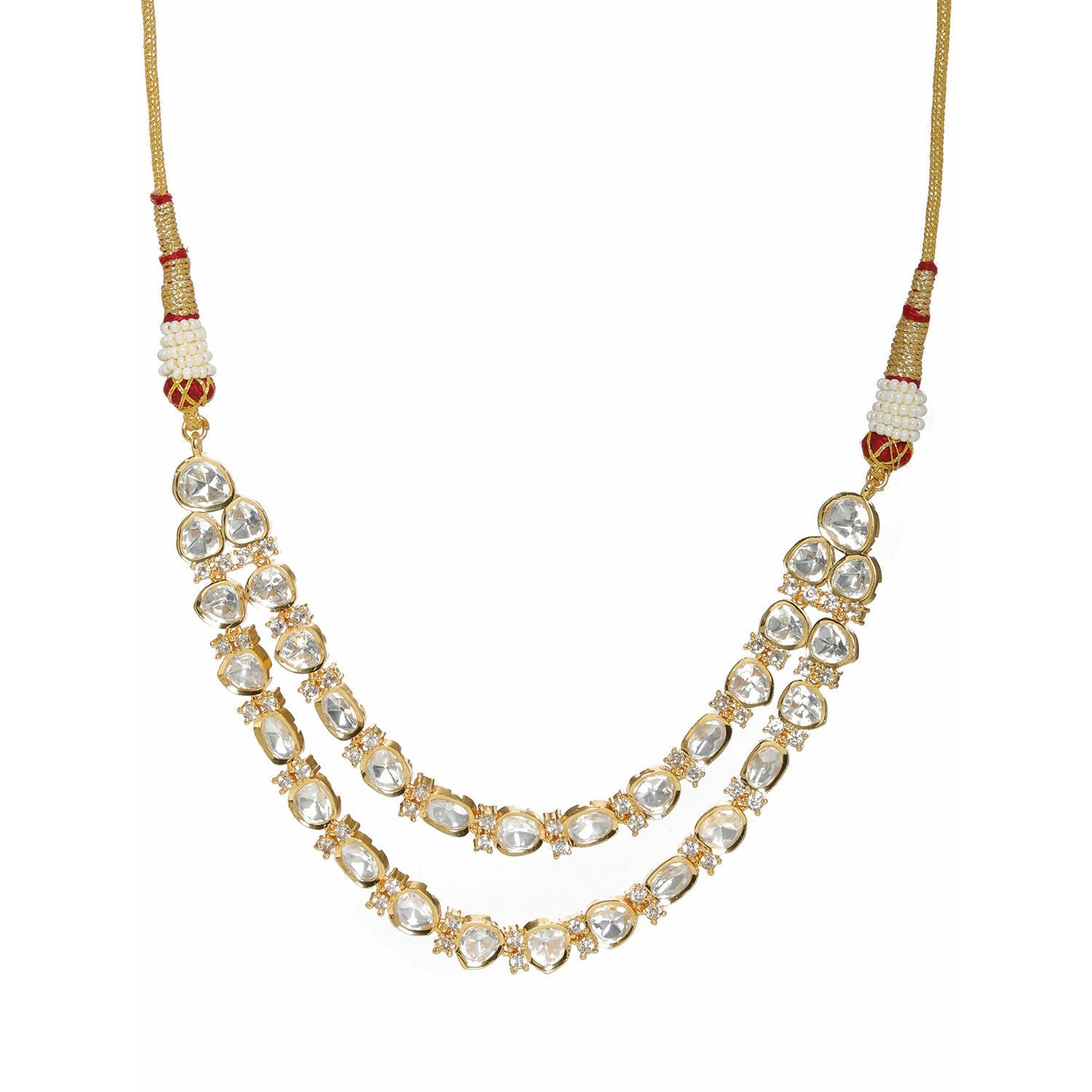 Double Layered Kundan and American Diamond Neckpiece (Gold) - Ruby Raang