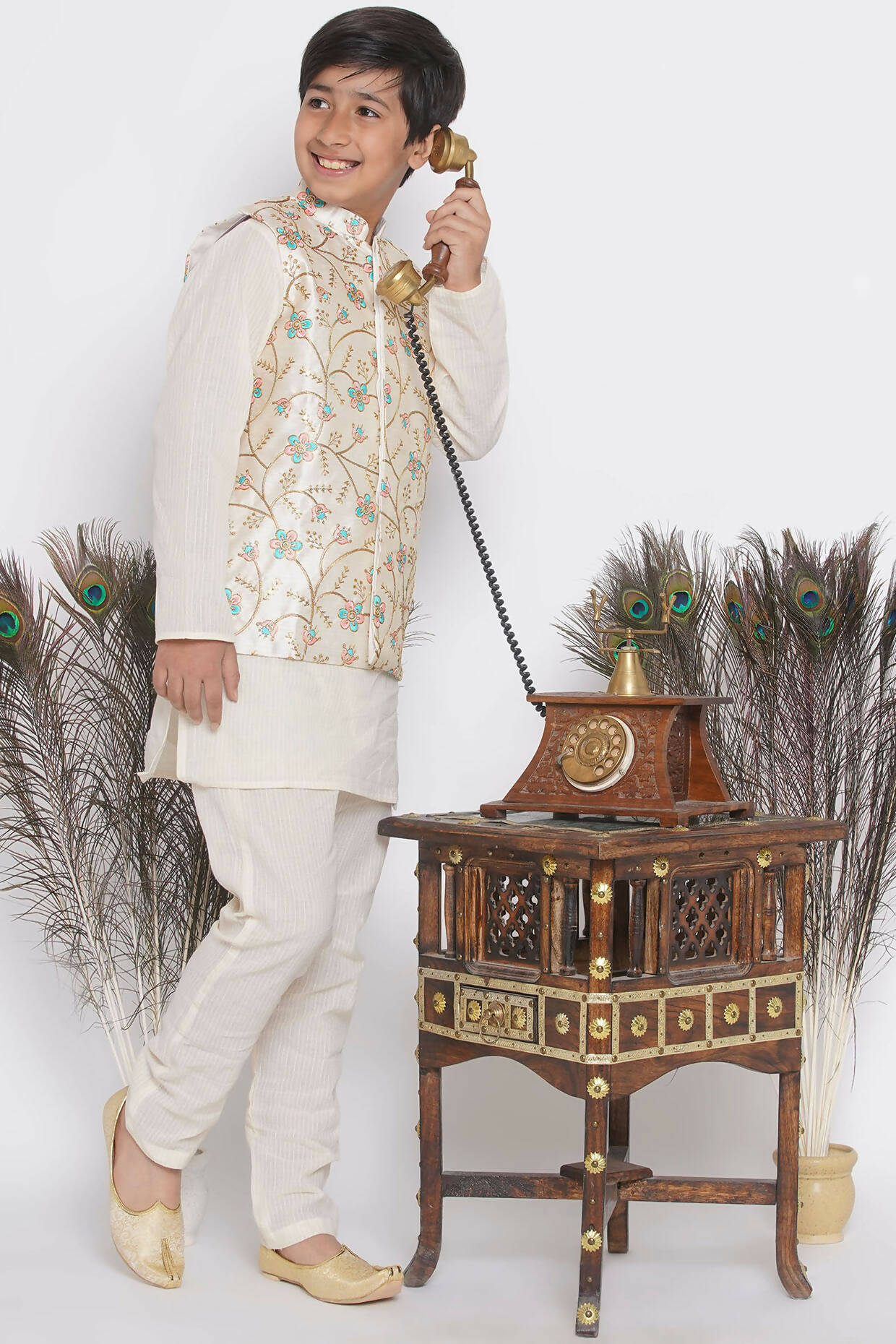 Little Bansi Banarsi Silk Pink Blue Floral Embroidery Jacket with Cotton Kantha kurta and Kantha Pyjama - Cream