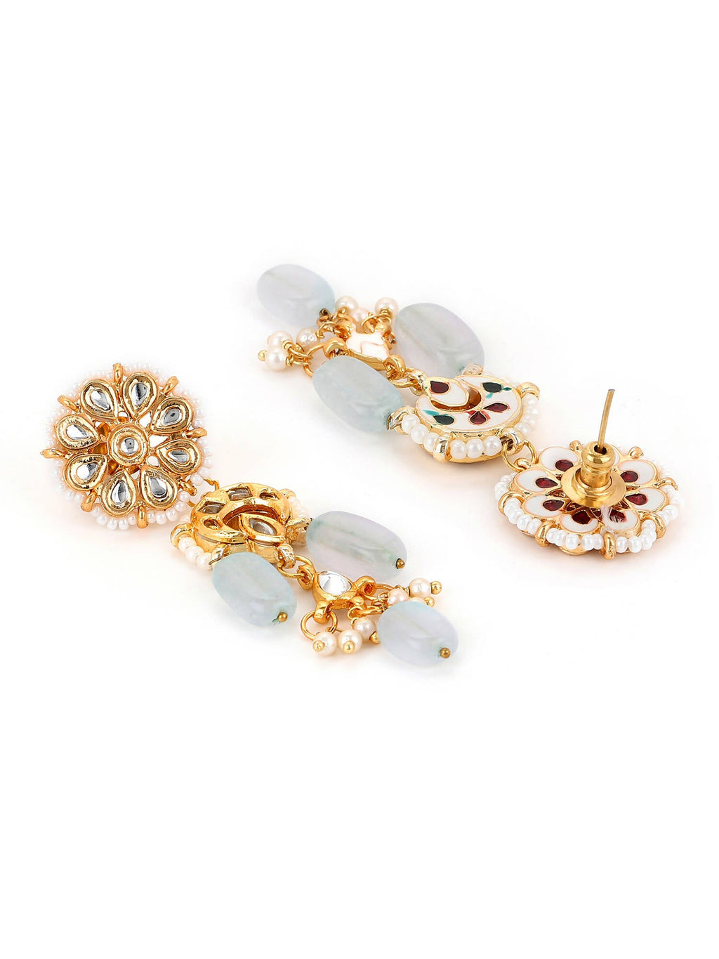 Gold-Toned White Kundan Contemporary Gold-Plated Drop Earrings - Ruby Raang - Distacart