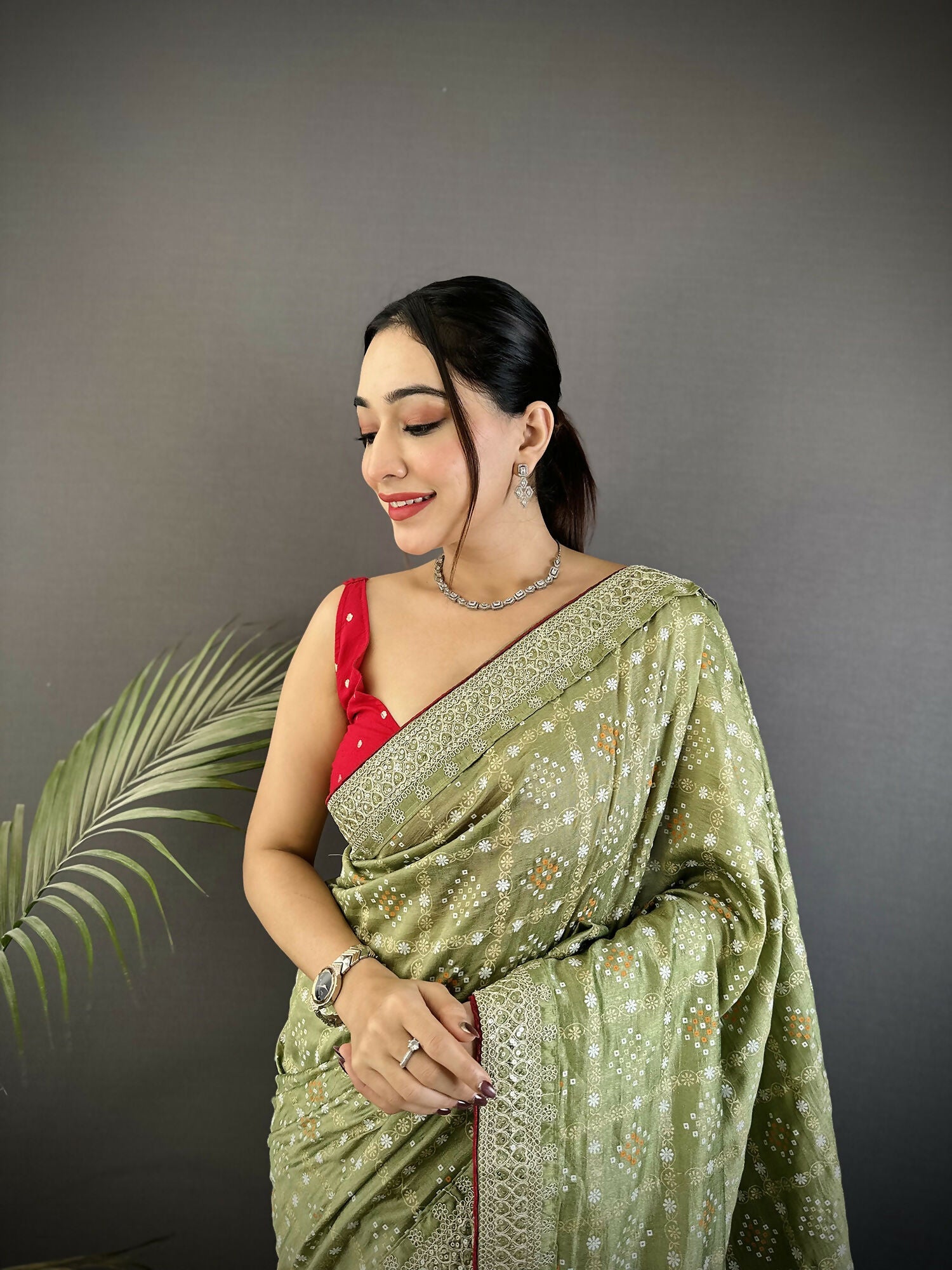 Joban Fashion Mehendi Green Bandhej Bandhani Vichitra Silk Bandhani Prints Saree - Distacart
