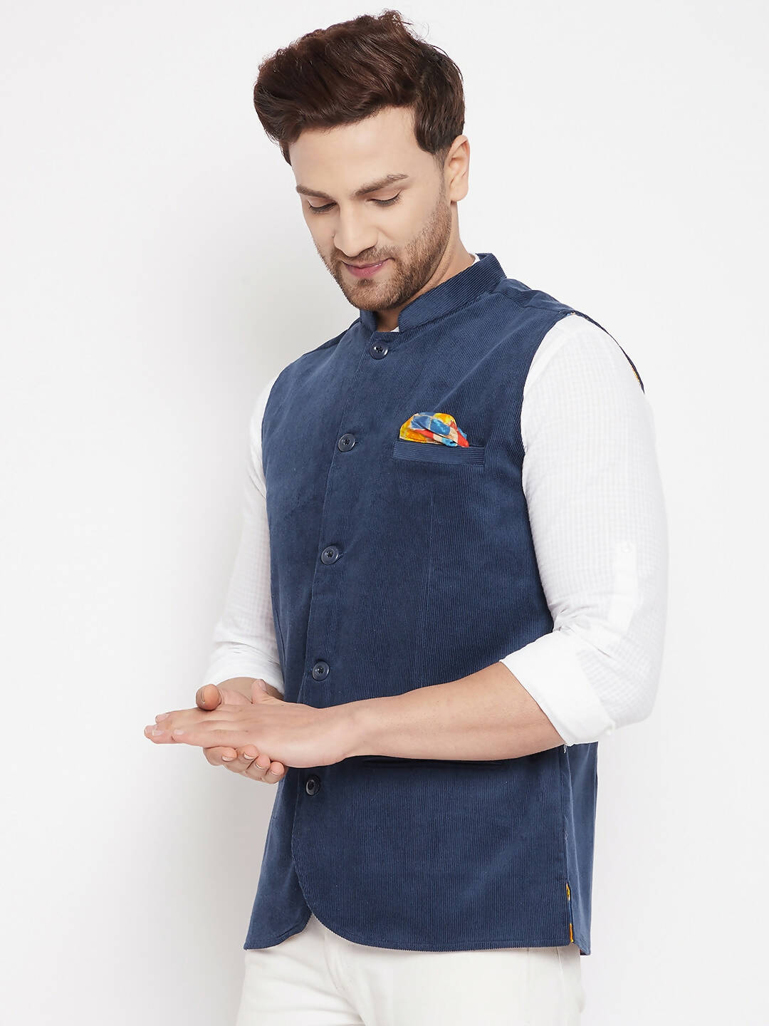 Even Apparels Blue Polyester Men's Nehru Jacket-Contrast Lining-Inbuilt Pocket Square - Distacart