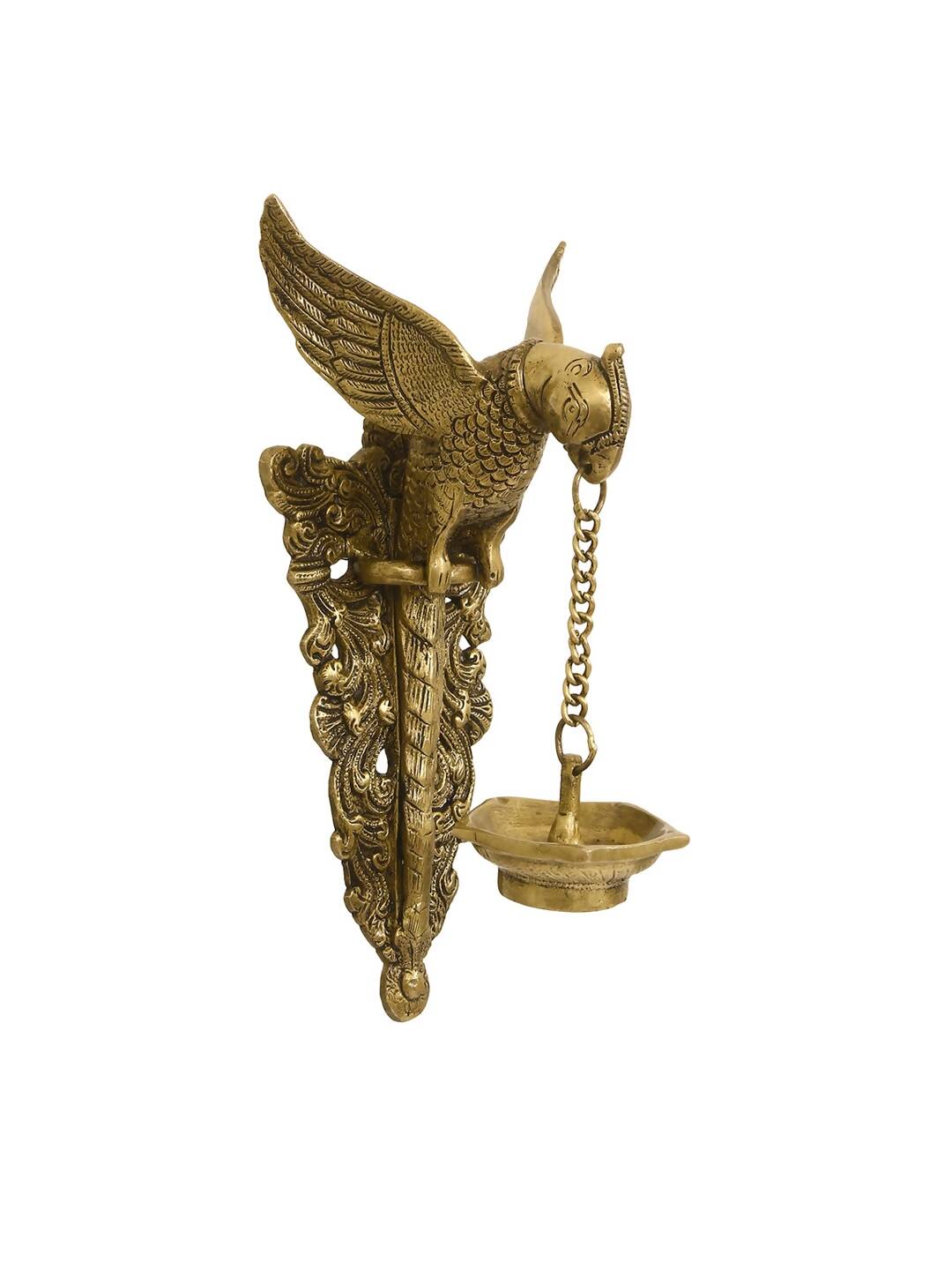 eCraftIndia Gold-Toned Handcrafted Bird Wall Hanging with Diya for 5 wicks