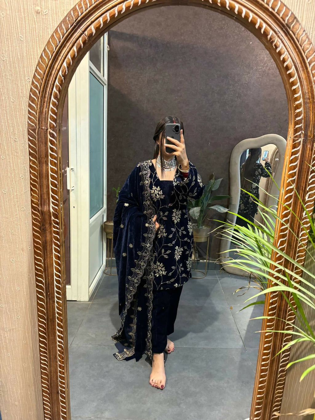 Vastranavya Blue Velvet Front Embroidery Work Kurta With Bottom & Dupatta - Distacart