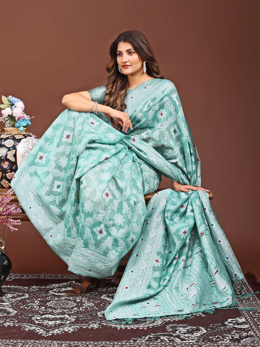 Shree Shyam Fashion Pankhuri Sea Green Linen Cotton Saree