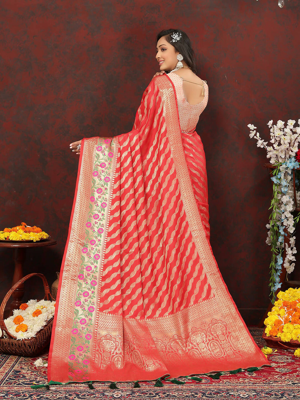 Lorenvalley Fashion Red Soft Silk Woven Design with Zari Weaving Leheriya Design Saree