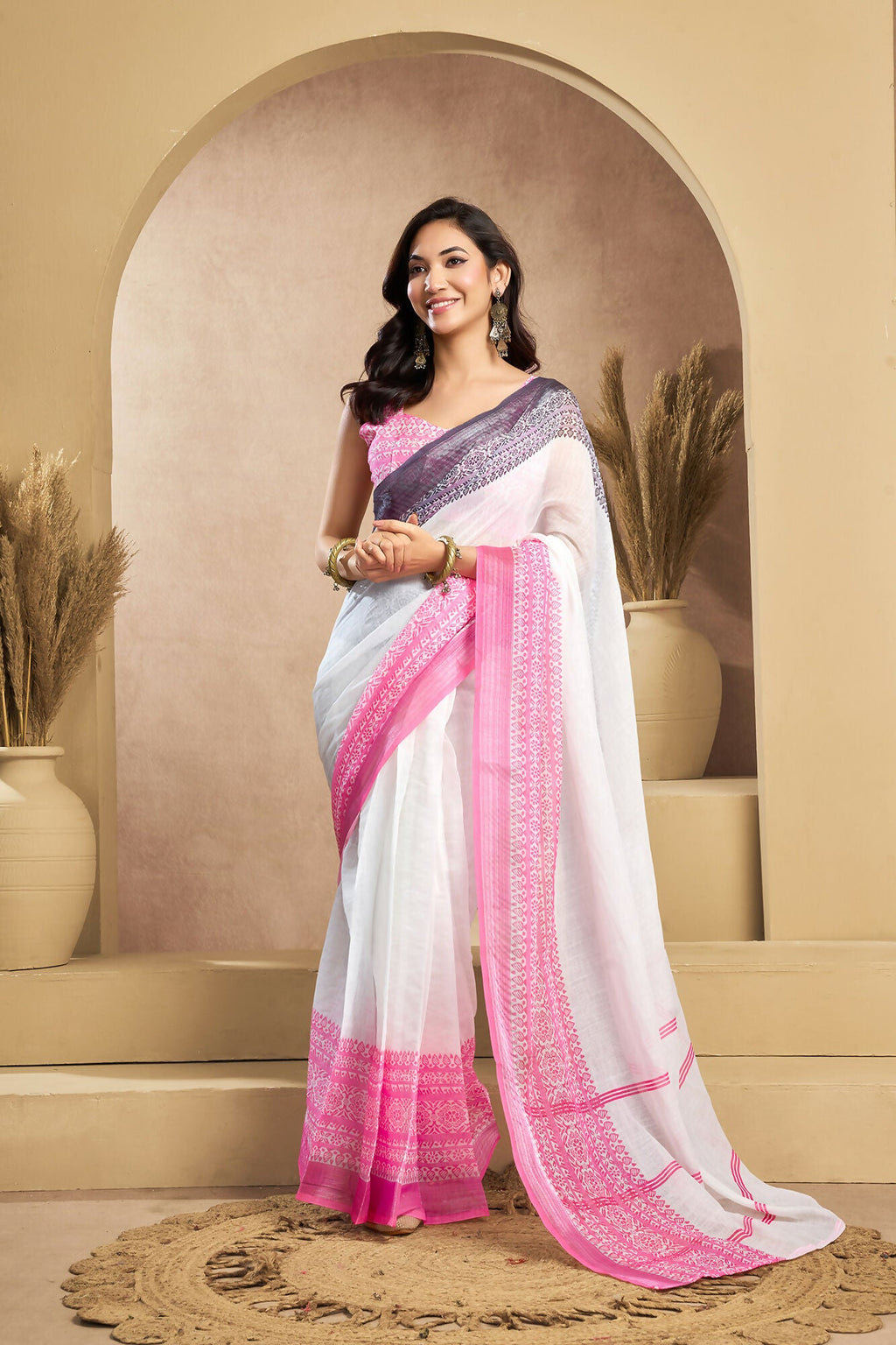 Vastranavya White Digital Printed Linen Ready To Wear Designer Saree with Unstitched Blouse - Distacart