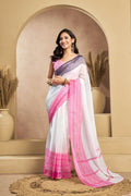 Vastranavya White Digital Printed Linen Ready To Wear Designer Saree with Unstitched Blouse - Distacart