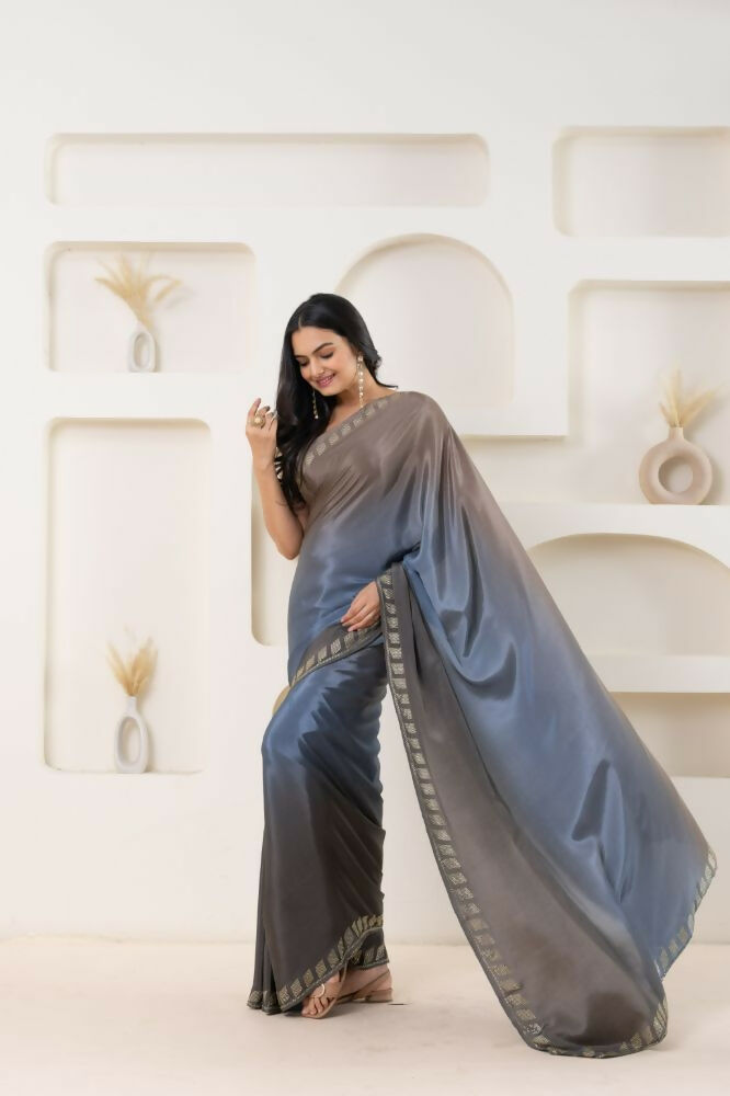 Grey Satin Pedding Designer, Printed Party Wear Ready To Wear Saree - Femina