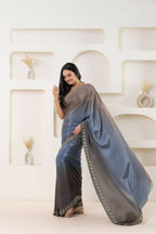 Grey Satin Pedding Designer, Printed Party Wear Ready To Wear Saree - Femina