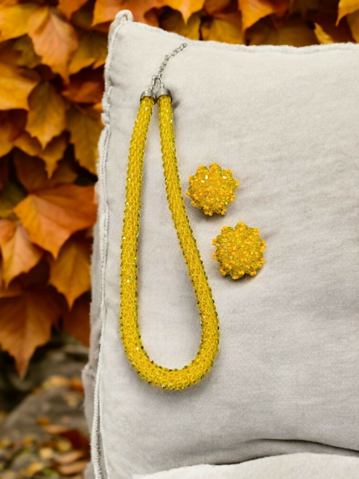 Inhanns Noor-E-Jalwa – Handmade Crystal Bead Necklace / Necklace With Earrings -Adjustable - Yellow