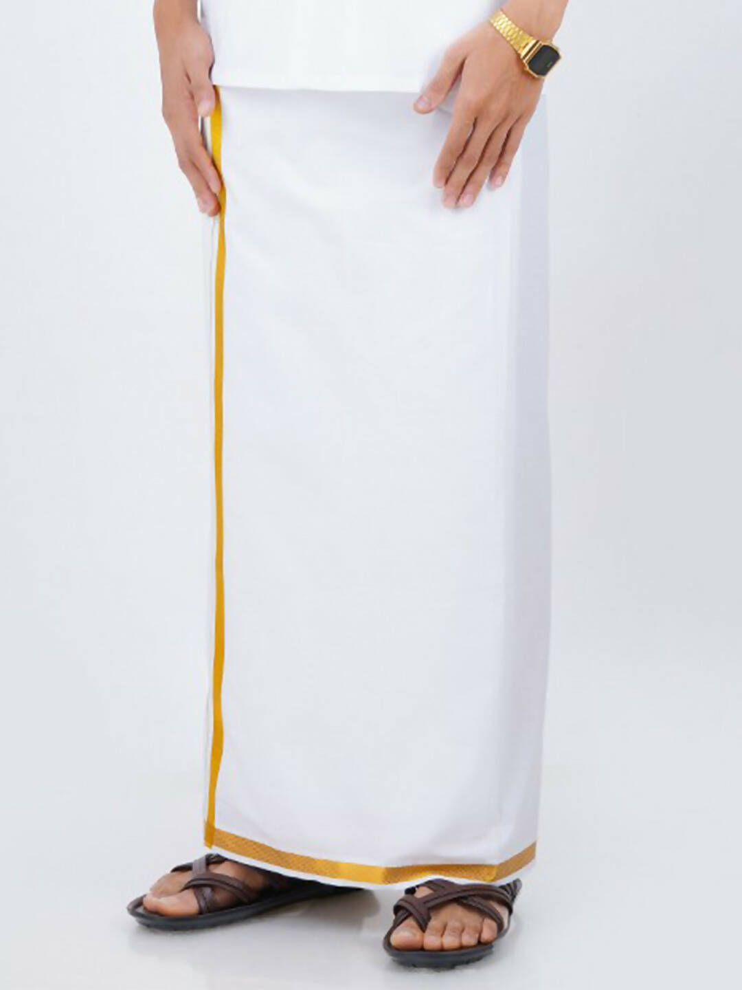 Ramraj Cotton Mens Pure Cotton 1/2 Inch Gold Jari Dhoti - White