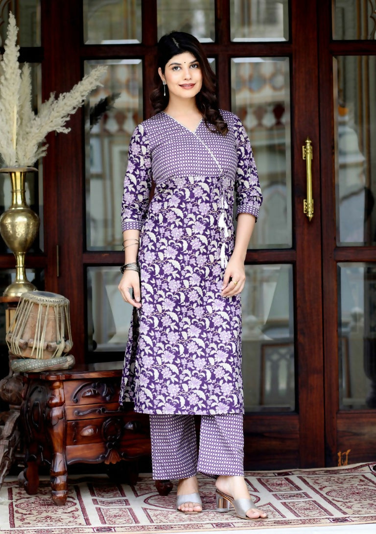 Miravan Women's Floral Block Printed Purple Angrakha Kurta With Floral Palazzo