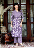 Miravan Women's Floral Block Printed Purple Angrakha Kurta With Floral Palazzo