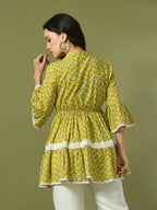 Myshka Women's Yellow Embellished Cotton Gathered Party Empire Top