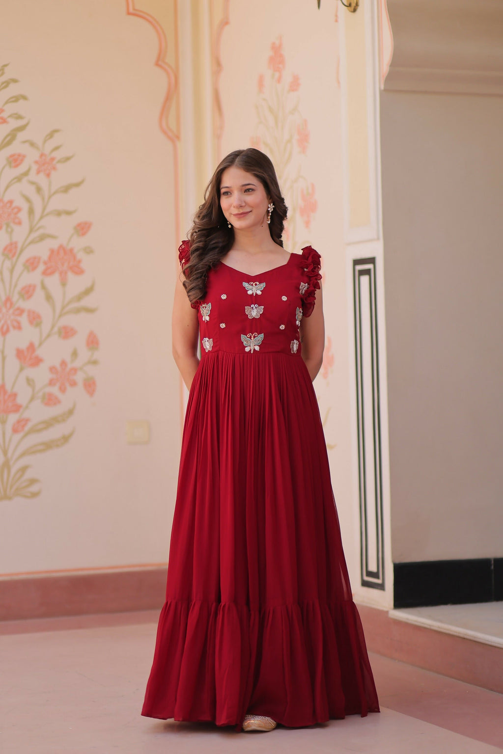 Joban Fashion Maroon Georgette Sequence Embroidery Work Gown - Distacart