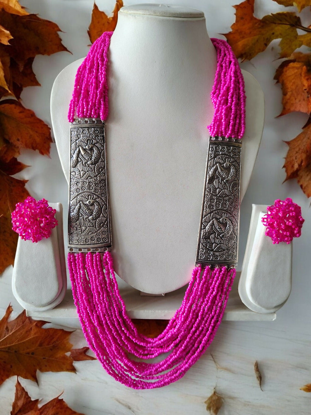 Inhanns Saree Shobha Statement Necklace & Earring Set - Pink Necklace With Earrings