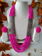 Inhanns Saree Shobha Statement Necklace & Earring Set - Pink Necklace With Earrings