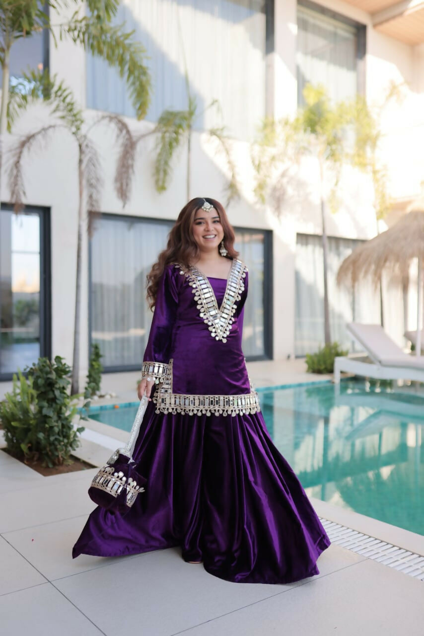 Joban Fashion Purple Kurta Set Velvet Embroidery Sequence Work - Distacart
