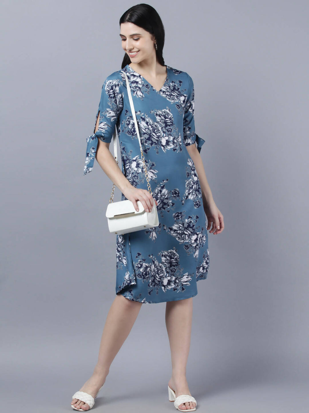 Myshka Women Teal Blue Grey Printed A-line Dress - Distacart
