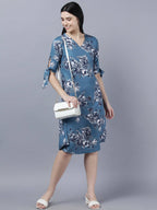 Myshka Women Teal Blue Grey Printed A-line Dress - Distacart