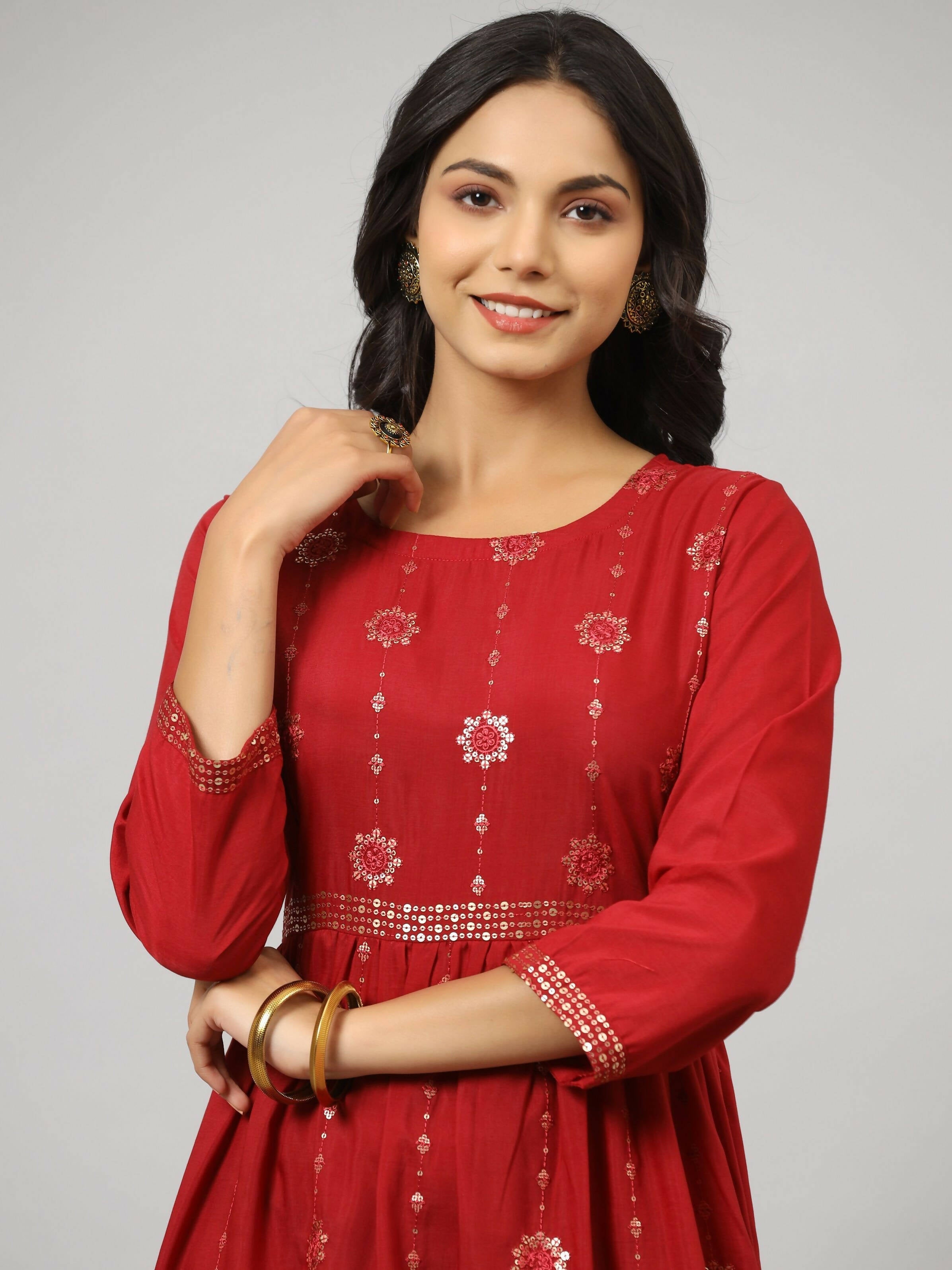 Juniper Women's Maroon Festive Printed Flared Dress - Distacart