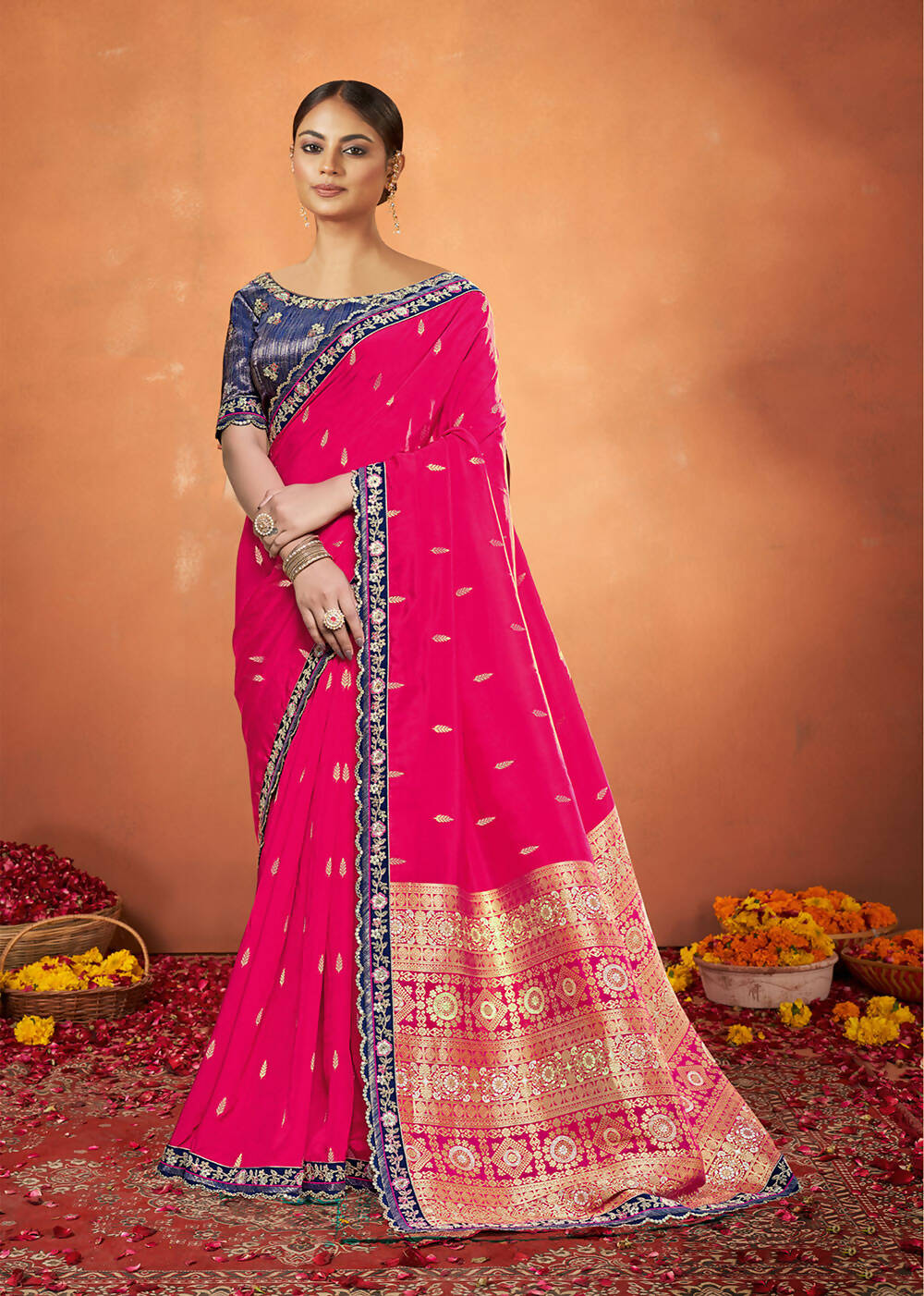Pink Pure Viscose Weaved Silk Woven Design Saree With Unstitched Blouse Piece - Norita Royal Pradha