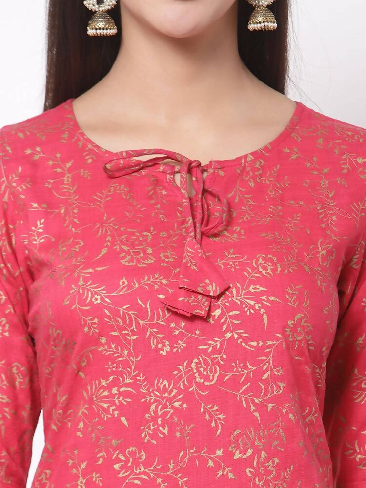 Myshka Women's Pink Rayon Printed Regular Sleeves Round Neck Casual Kurta