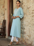 Juniper Women's Blue Cotton Flex Embroidered Straight Kurta - Distacart