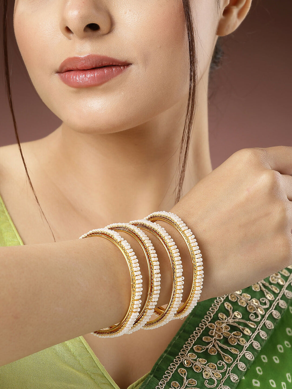 NVR Women's Set of 4 Gold-Plated Pearl Handcrafted Traditional Bangles - Distacart
